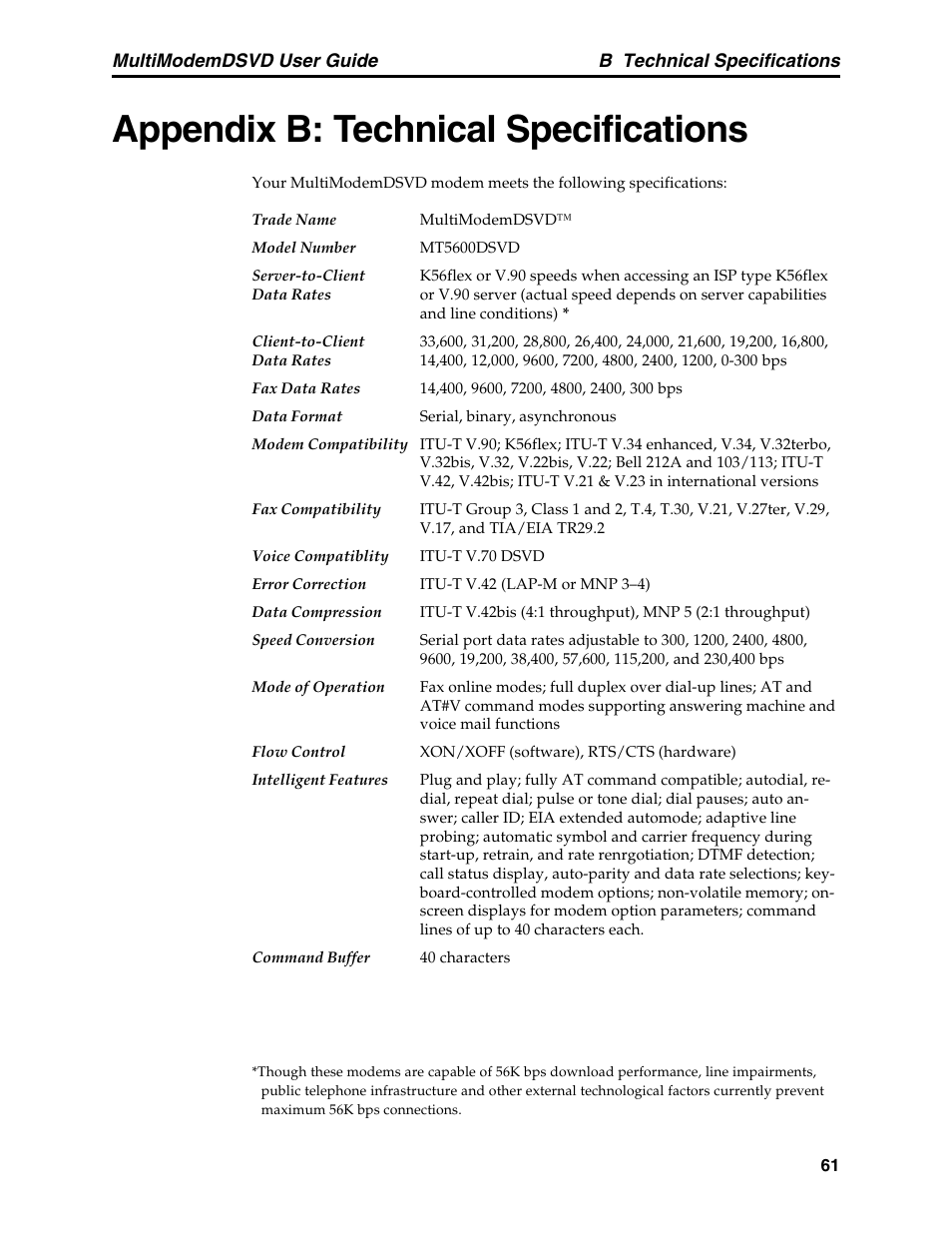 Appendix b: technical specifications | Multi-Tech Systems MT5600DSVD User Manual | Page 66 / 82