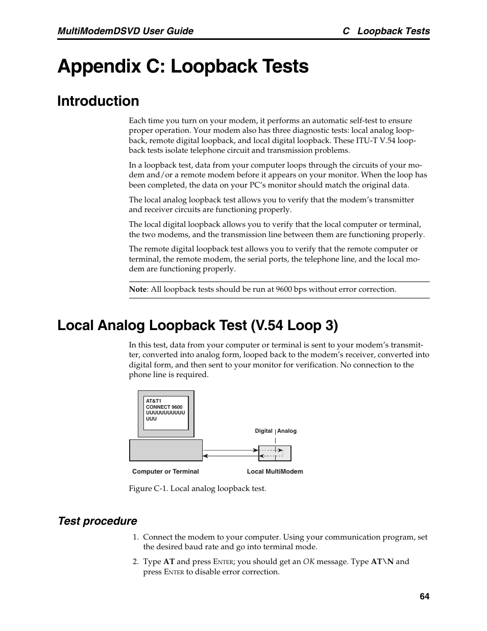 Appendix c: loopback tests, Introduction, Local analog loopback test (v.54 loop 3) | Test procedure | Multi-Tech Systems MT5600DSVD User Manual | Page 69 / 82