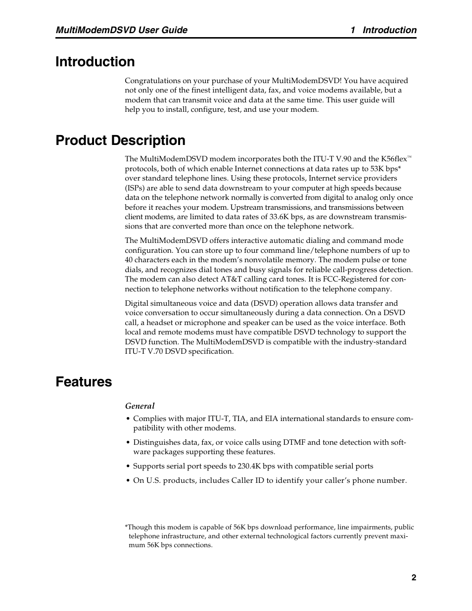 Chapter 1: introduction, Introduction, Product description | Features, Introduction product description features | Multi-Tech Systems MT5600DSVD User Manual | Page 7 / 82