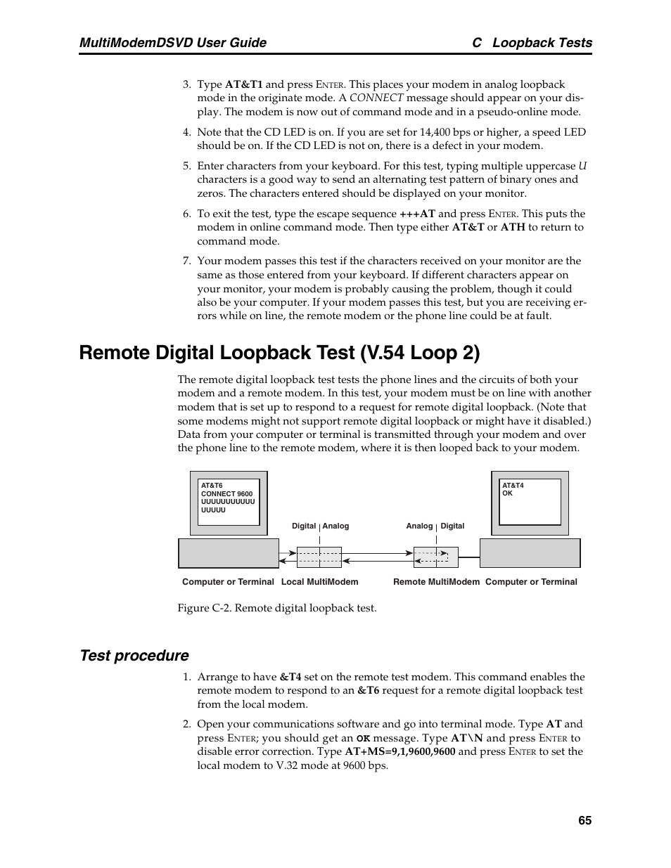 Remote digital loopback test (v.54 loop 2), Test procedure, Multimodemdsvd user guide c loopback tests | Multi-Tech Systems MT5600DSVD User Manual | Page 70 / 82