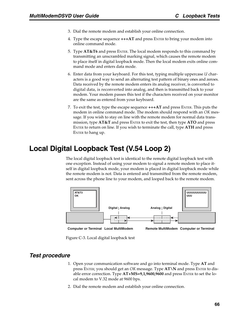 Local digital loopback test (v.54 loop 2), Test procedure, Multimodemdsvd user guide c loopback tests | Multi-Tech Systems MT5600DSVD User Manual | Page 71 / 82