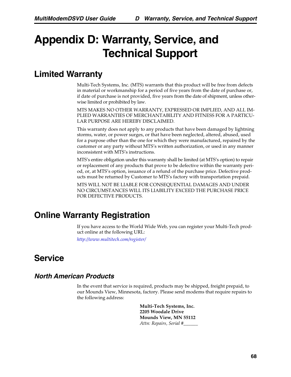 Limited warranty, Online warranty registration, Service | North american products | Multi-Tech Systems MT5600DSVD User Manual | Page 73 / 82