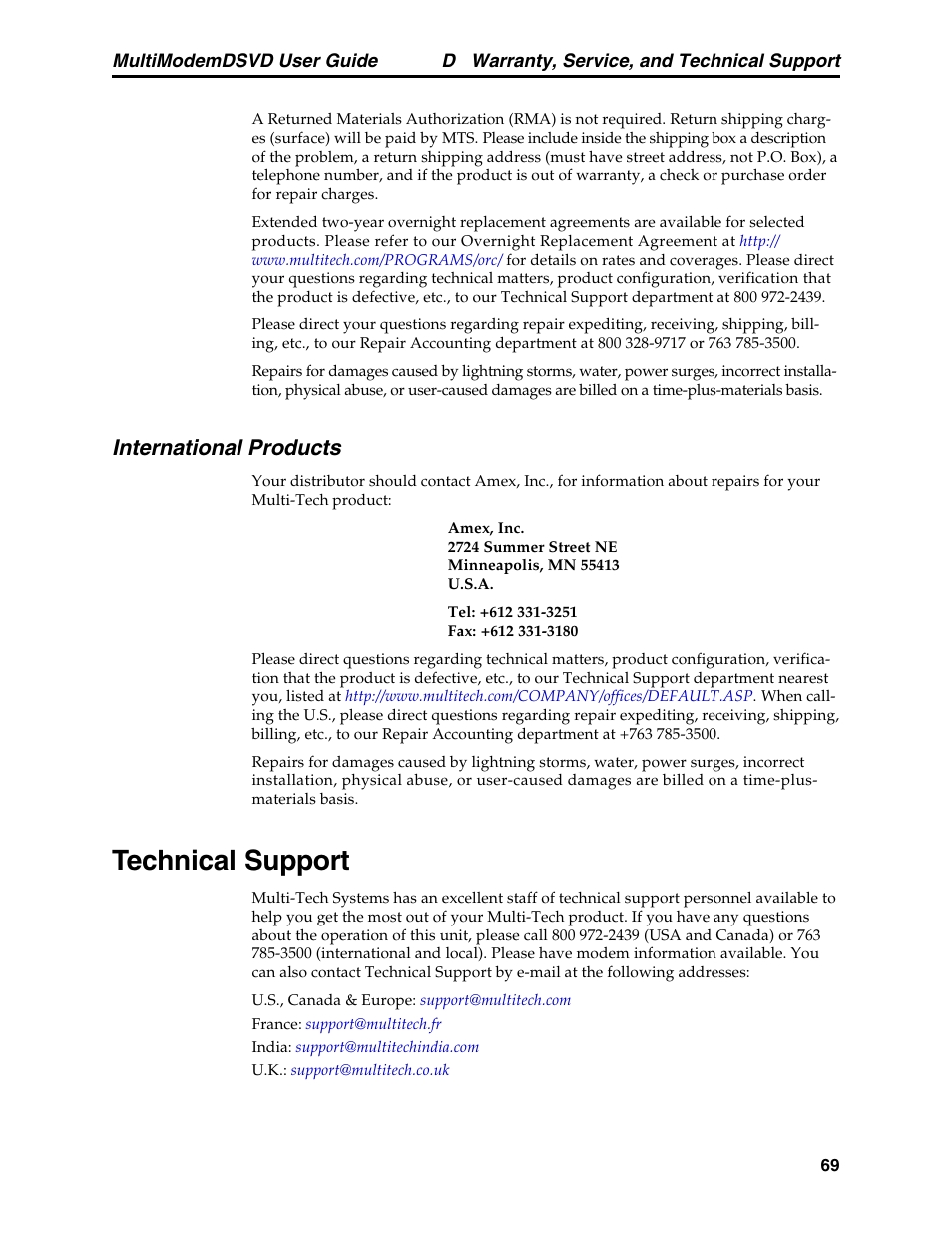 International products, Technical support | Multi-Tech Systems MT5600DSVD User Manual | Page 74 / 82
