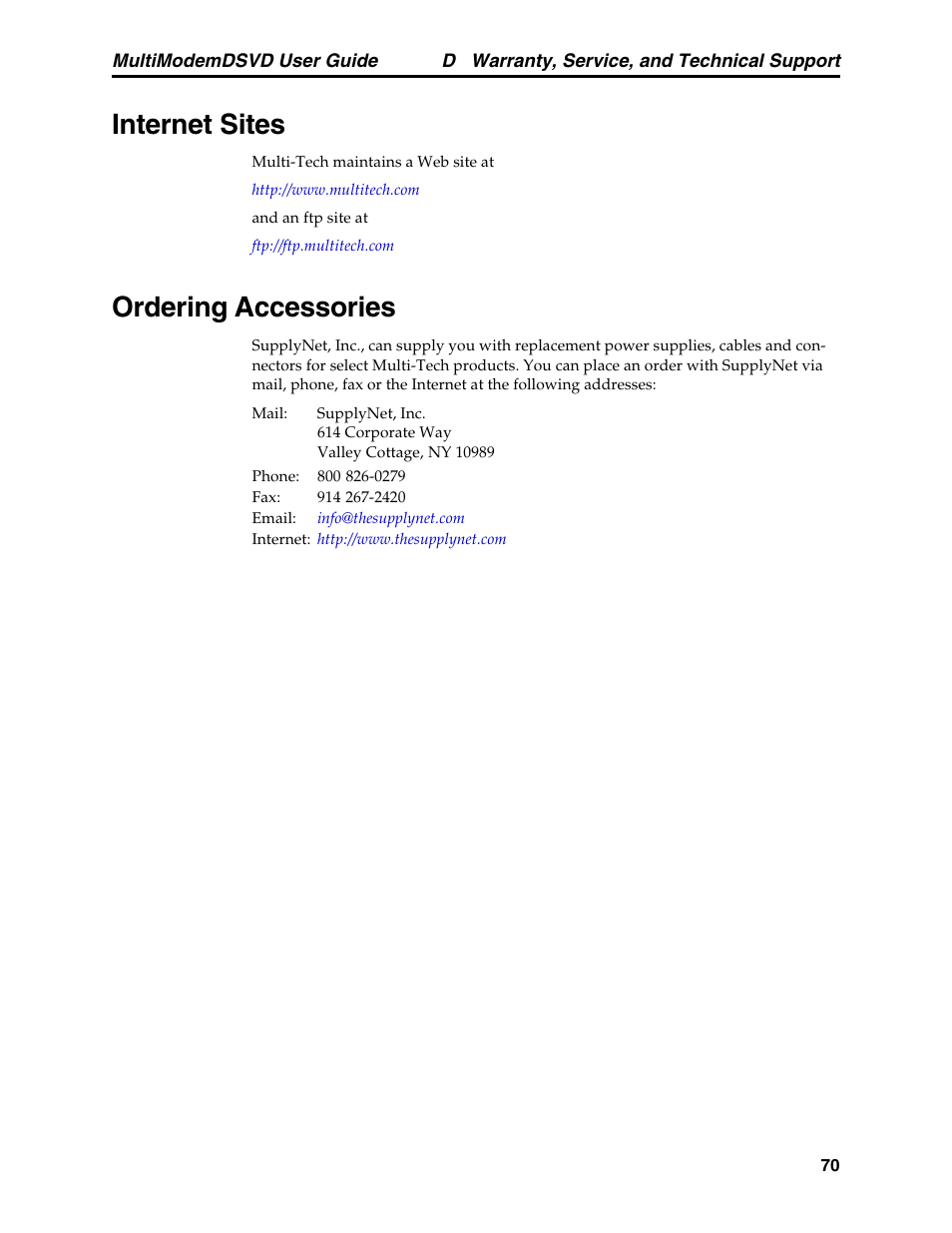 Internet sites, Ordering accessories, Internet sites ordering accessories | Multi-Tech Systems MT5600DSVD User Manual | Page 75 / 82
