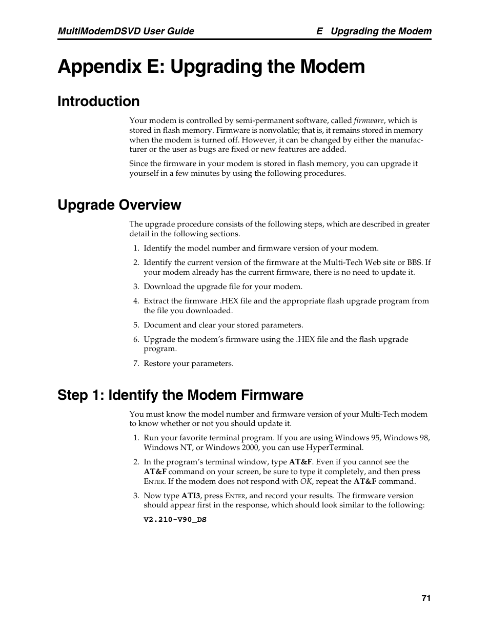 Appendix e: upgrading the modem, Introduction, Upgrade overview | Step 1: identify the modem firmware | Multi-Tech Systems MT5600DSVD User Manual | Page 76 / 82