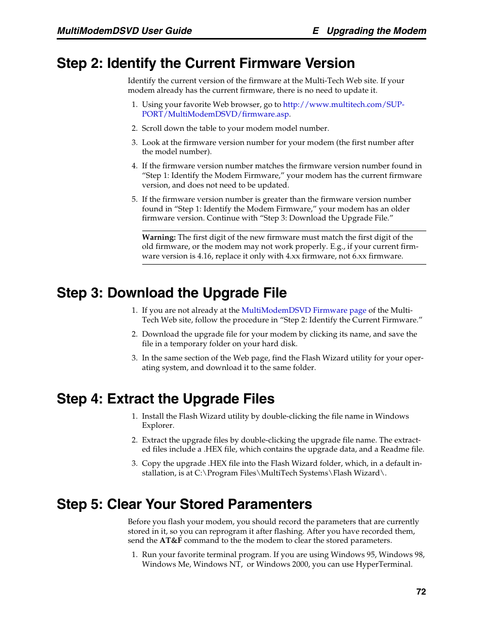 Step 2: identify the current firmware version, Step 3: download the upgrade file, Step 4: extract the upgrade files | Step 5: clear your stored paramenters | Multi-Tech Systems MT5600DSVD User Manual | Page 77 / 82
