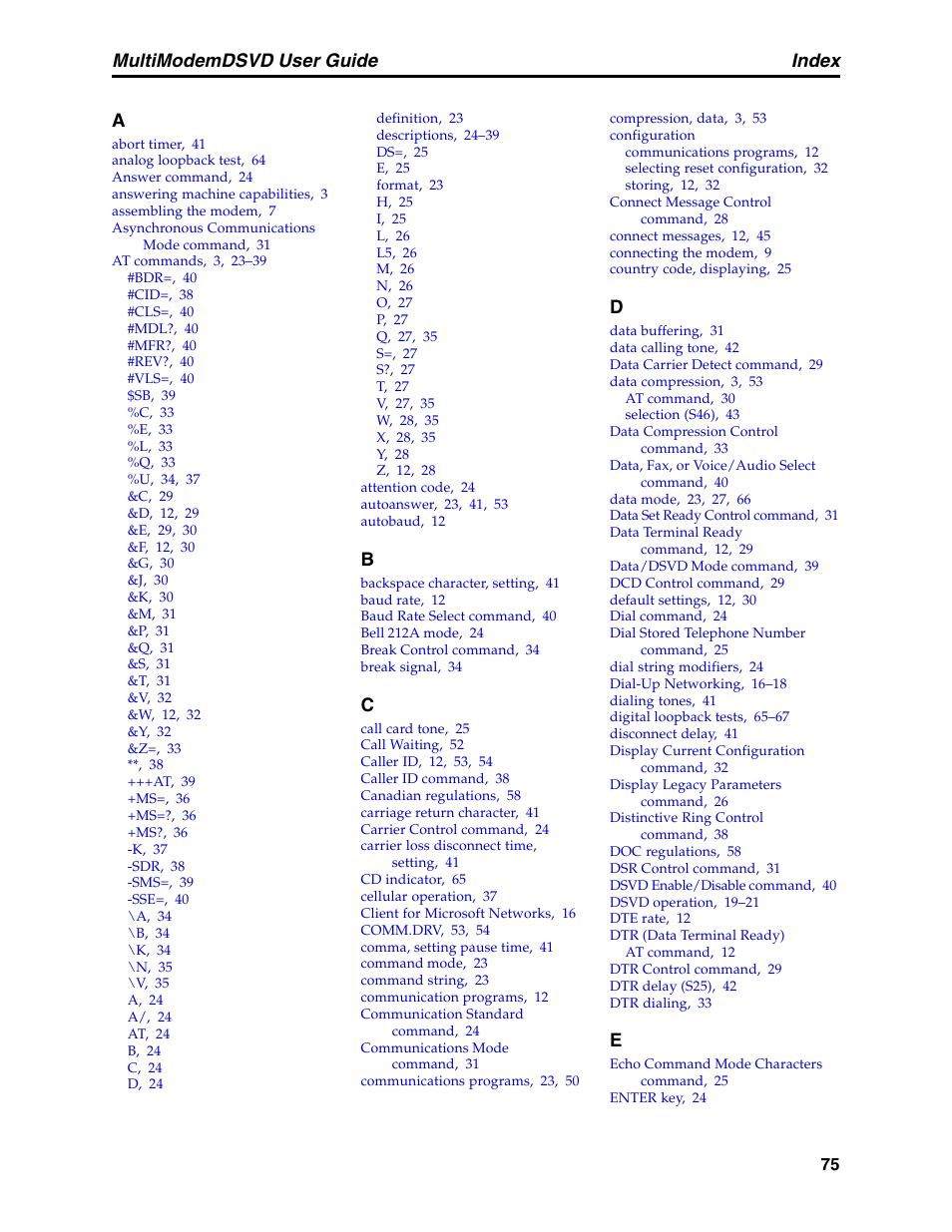 Index, Multimodemdsvd user guide index | Multi-Tech Systems MT5600DSVD User Manual | Page 80 / 82