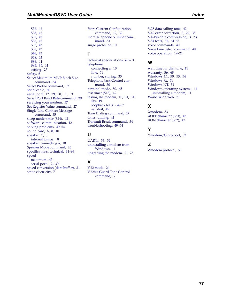 Multimodemdsvd user guide index | Multi-Tech Systems MT5600DSVD User Manual | Page 82 / 82