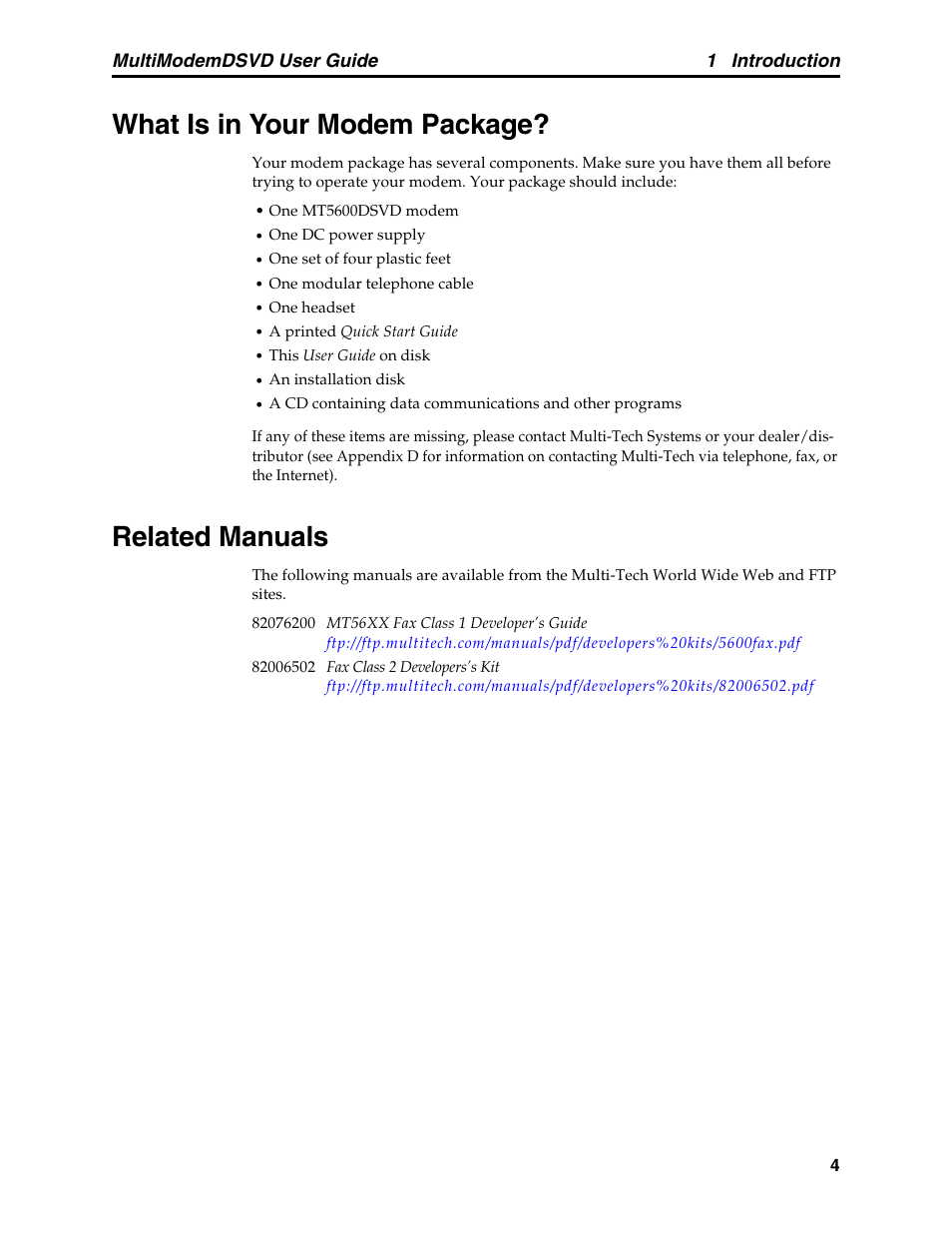 What is in your modem package, Related manuals, What is in your modem package? related manuals | Multi-Tech Systems MT5600DSVD User Manual | Page 9 / 82