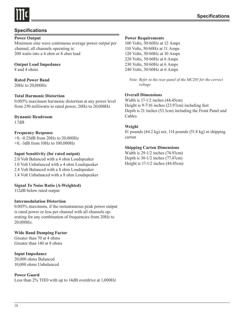 McIntosh MC205 User Manual | Page 18 / 20