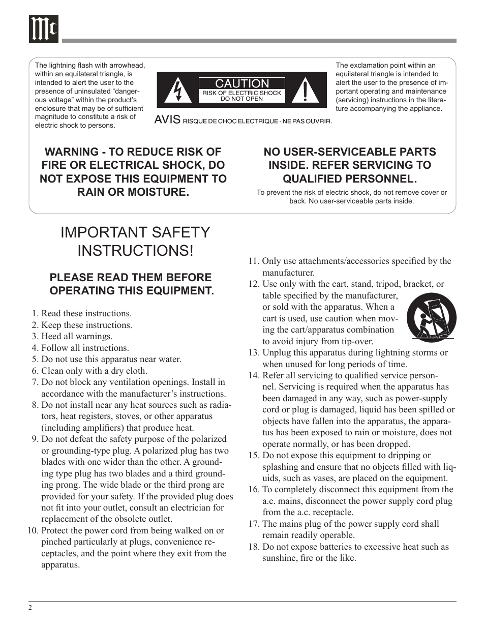 Important safety instructions | McIntosh MA7000 User Manual | Page 2 / 20
