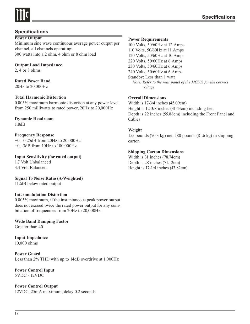 McIntosh MC303 User Manual | Page 18 / 20