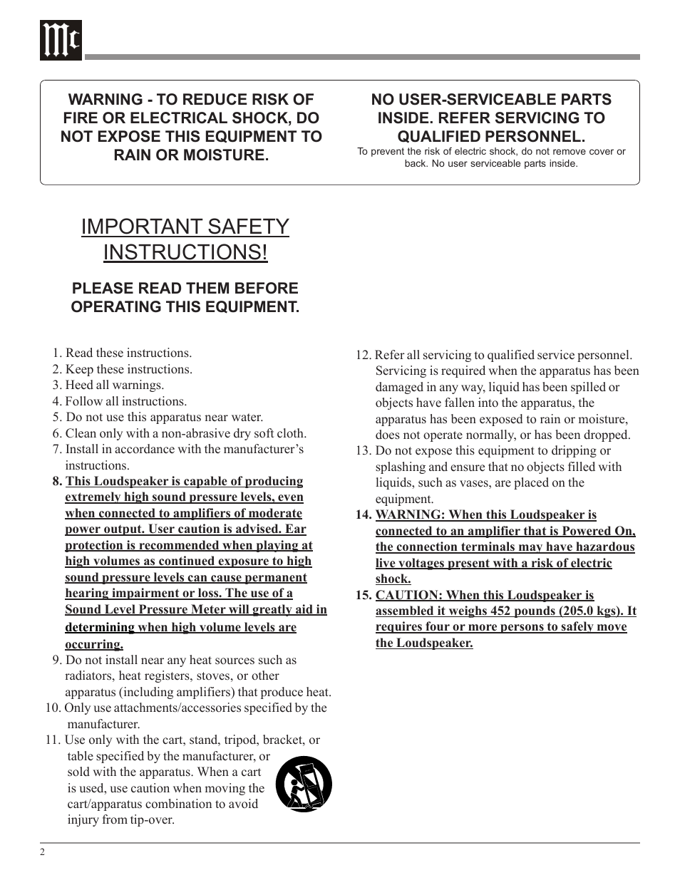 Important safety instructions | McIntosh XRT2K User Manual | Page 2 / 24