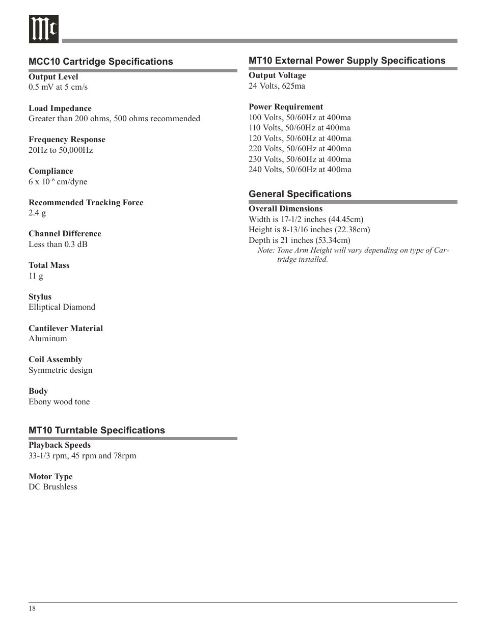 McIntosh MT10 User Manual | Page 18 / 20