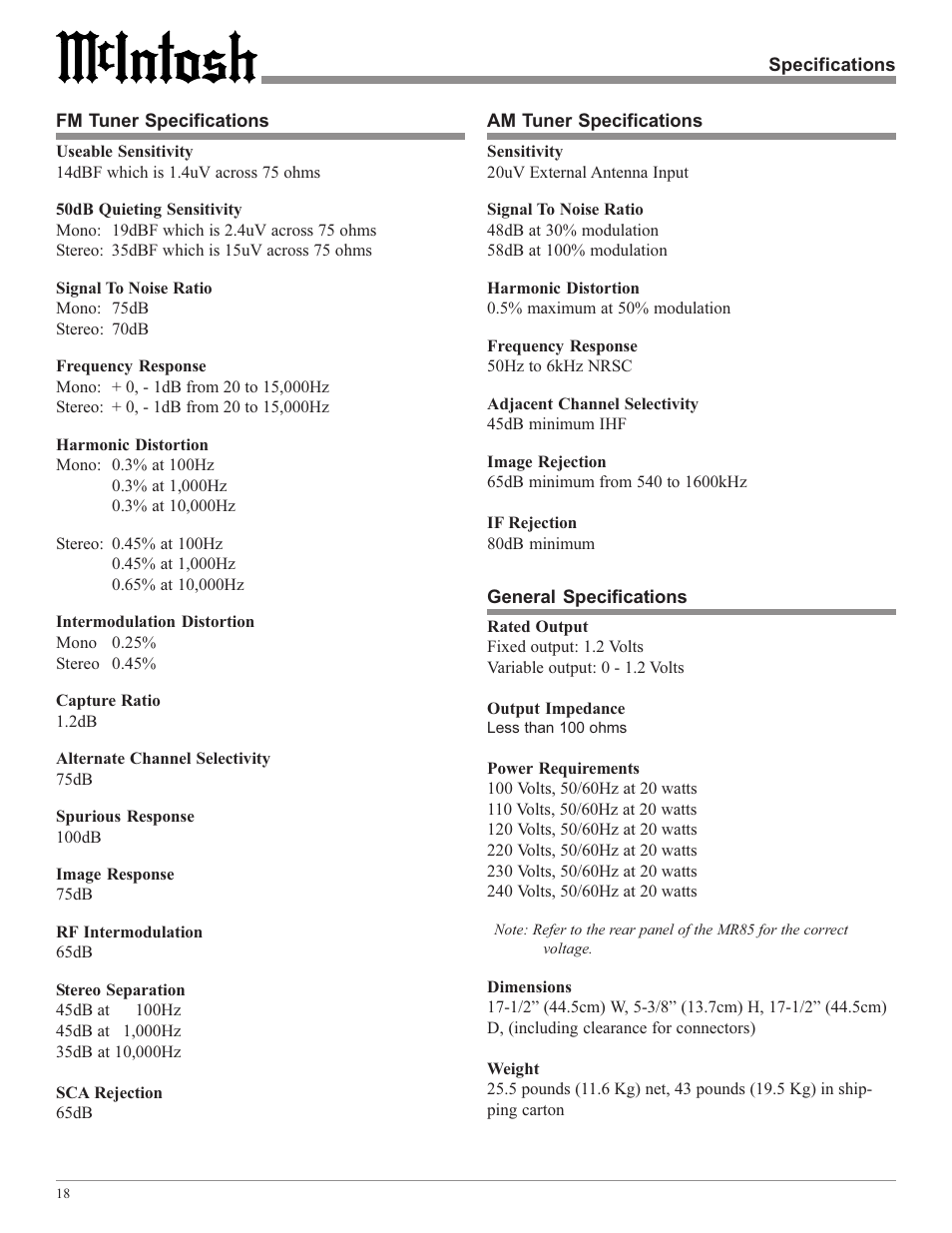 McIntosh M85 User Manual | Page 18 / 20