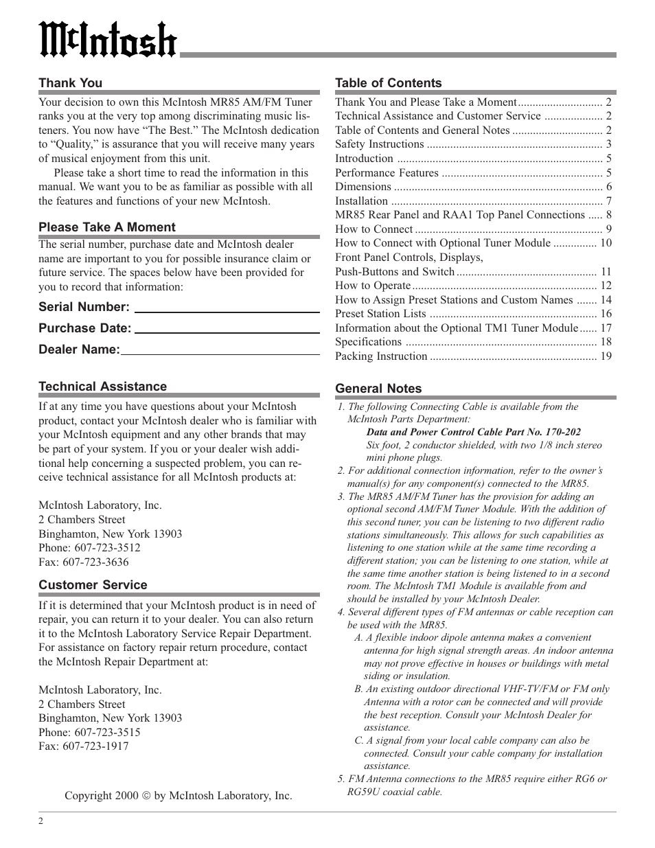 McIntosh M85 User Manual | Page 2 / 20