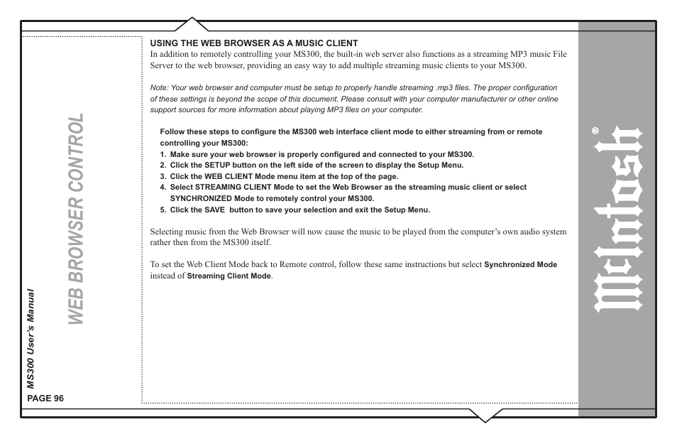Web browser control | McIntosh MS300 User Manual | Page 100 / 110
