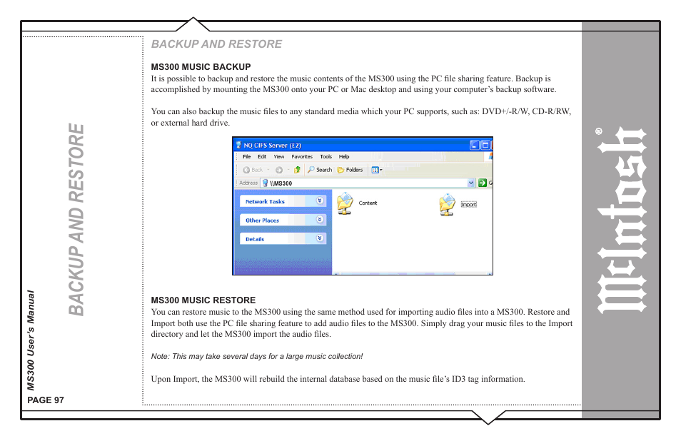 Backup and rest ore | McIntosh MS300 User Manual | Page 101 / 110