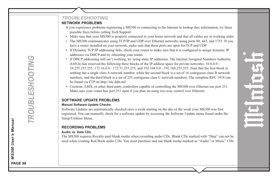 Troubleshooting | McIntosh MS300 User Manual | Page 102 / 110