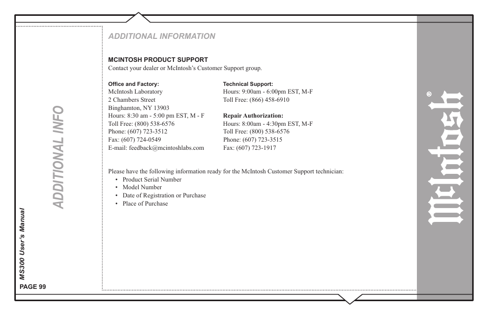 Additional info | McIntosh MS300 User Manual | Page 103 / 110