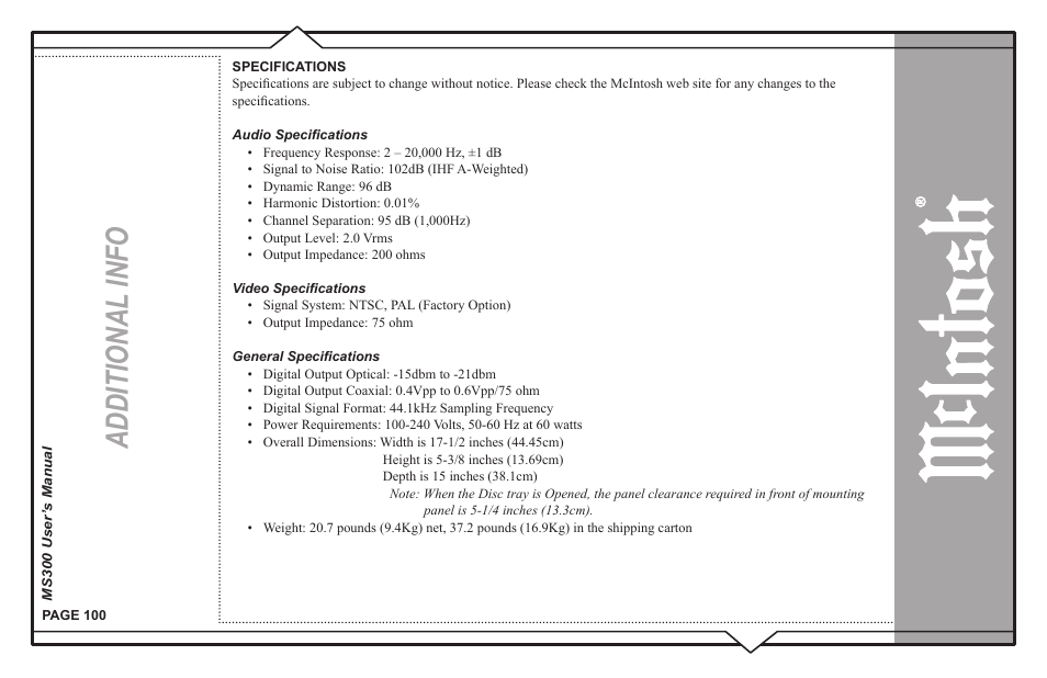Additional info | McIntosh MS300 User Manual | Page 104 / 110