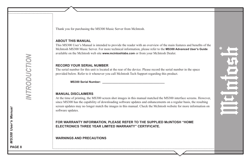 Introduction | McIntosh MS300 User Manual | Page 12 / 110