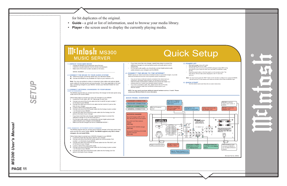 Quick setup, Setup, Guide | Player | McIntosh MS300 User Manual | Page 15 / 110