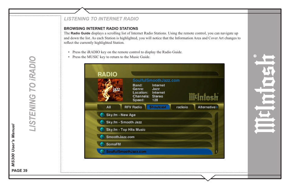 Listening t o iradio | McIntosh MS300 User Manual | Page 43 / 110