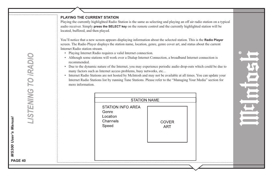 Listening t o iradio | McIntosh MS300 User Manual | Page 44 / 110