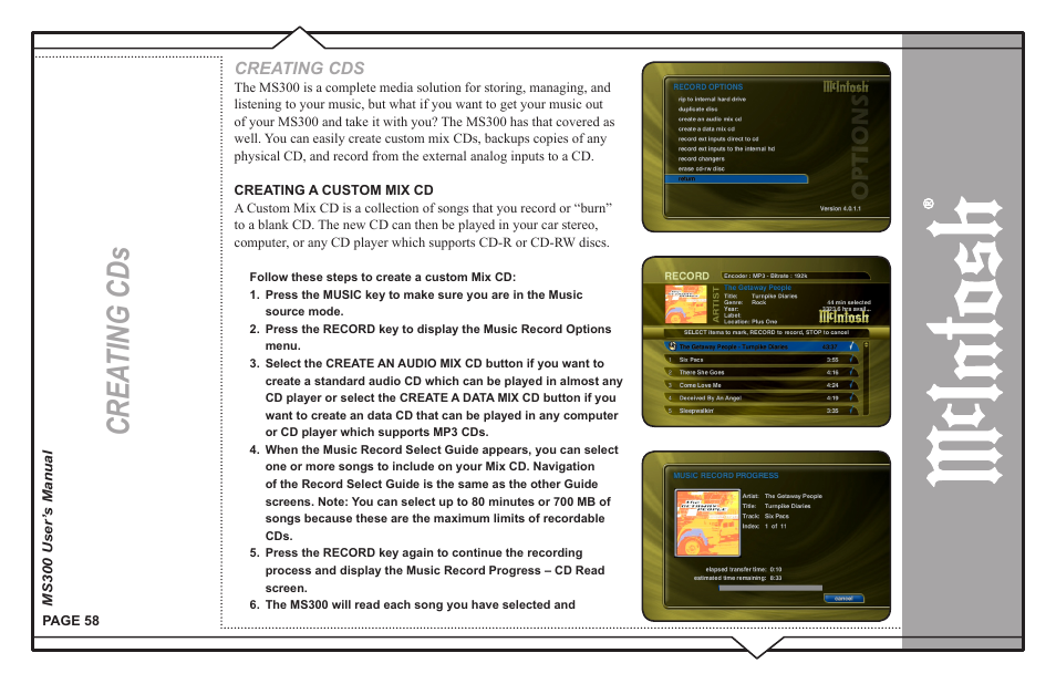 Crea ting cds | McIntosh MS300 User Manual | Page 62 / 110