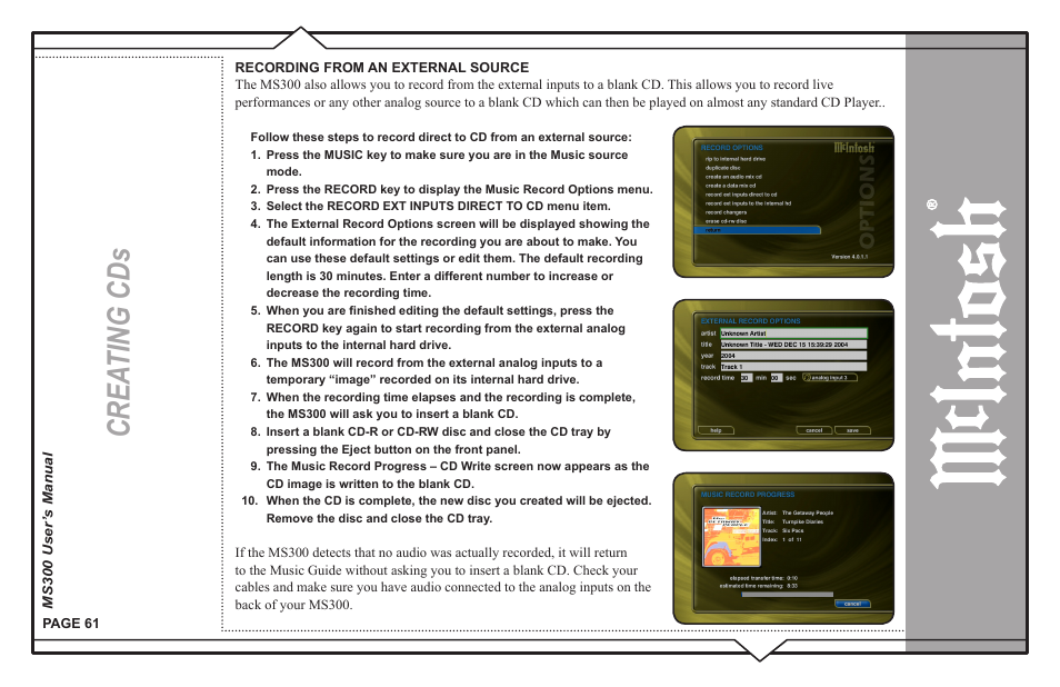 Crea ting cds | McIntosh MS300 User Manual | Page 65 / 110