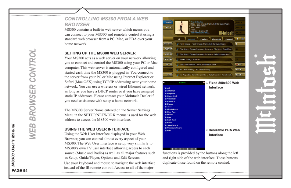 Web browser control, Controlling ms300 from a web browser | McIntosh MS300 User Manual | Page 98 / 110