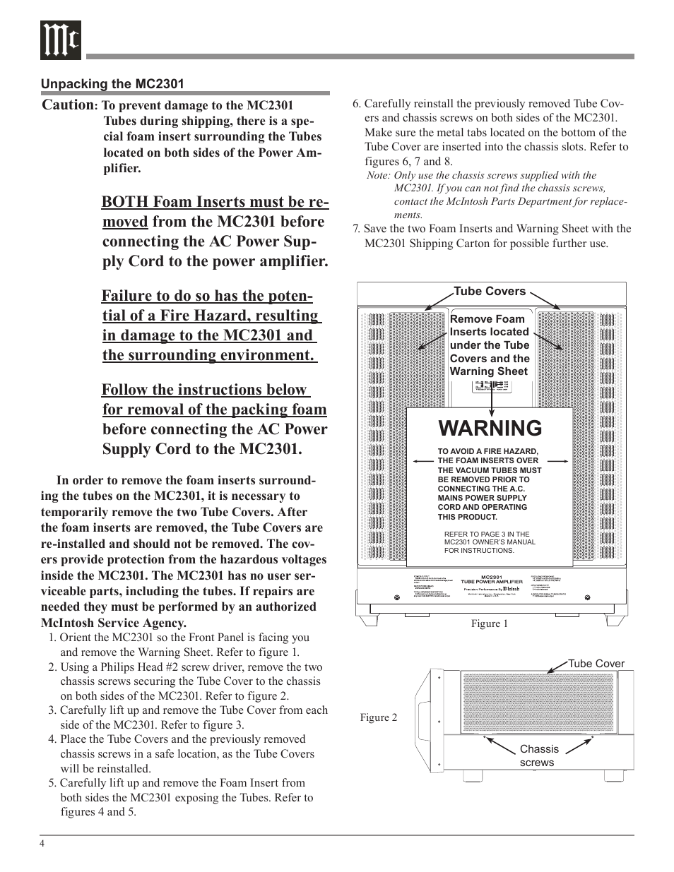 Warning, Caution | McIntosh MC2301 User Manual | Page 4 / 24