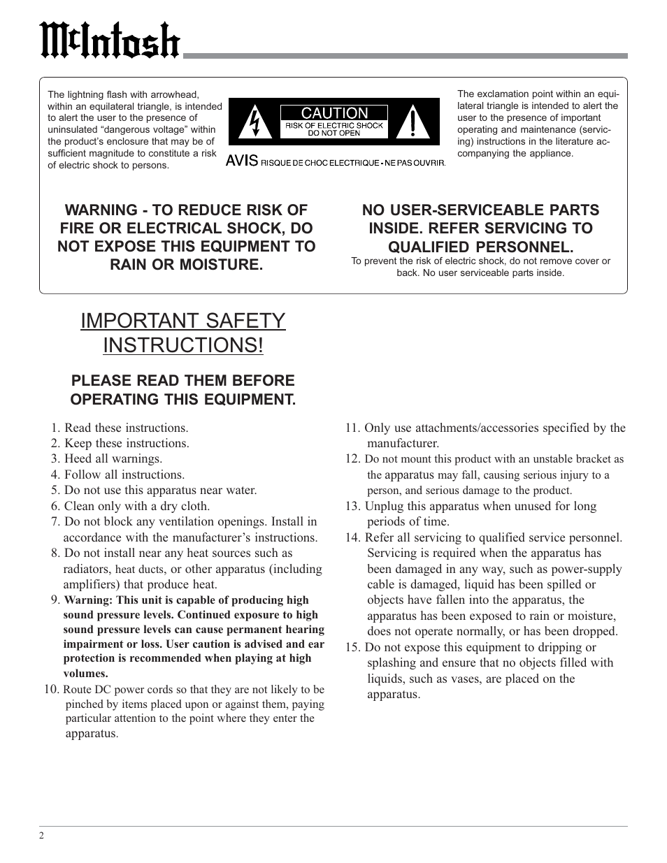 Important safety instructions | McIntosh MCC406M User Manual | Page 2 / 24