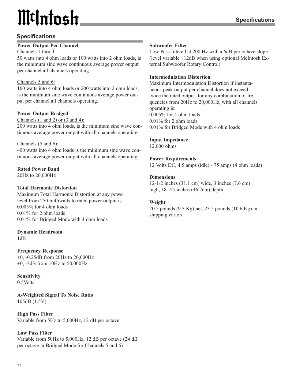 McIntosh MCC406M User Manual | Page 22 / 24
