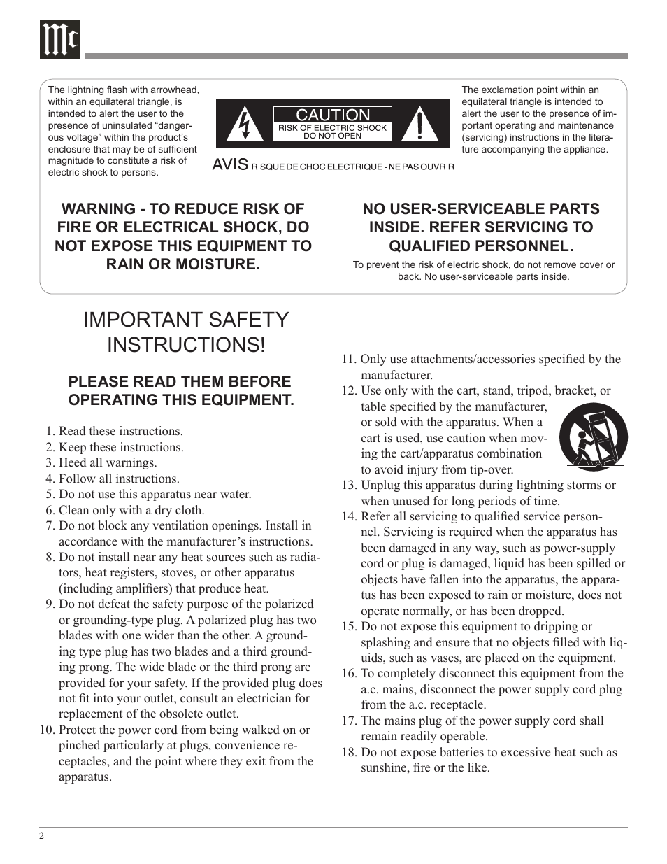 Important safety instructions | McIntosh MDLP2 User Manual | Page 2 / 32