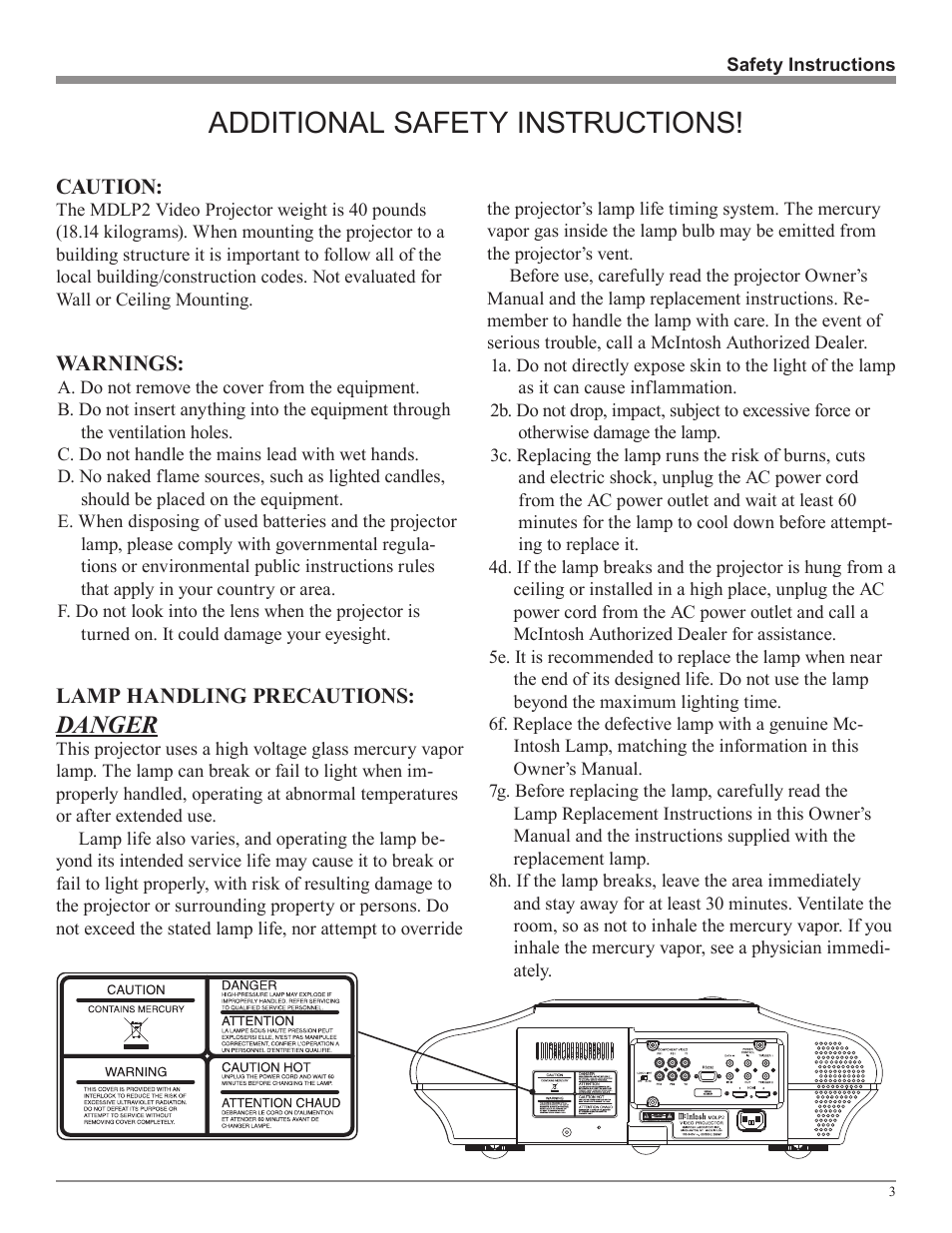 Additional safety instructions, Danger | McIntosh MDLP2 User Manual | Page 3 / 32