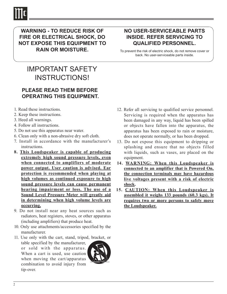 Important safety instructions | McIntosh XCS1K User Manual | Page 2 / 16