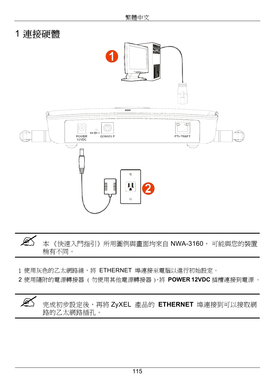 1 連接硬體 | Zyxel NWA-3160 User Manual | Page 115 / 131