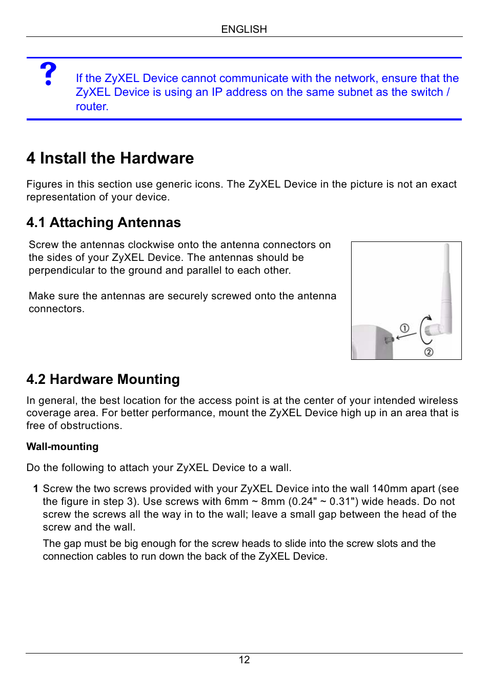 4 install the hardware | Zyxel NWA-3160 User Manual | Page 12 / 131