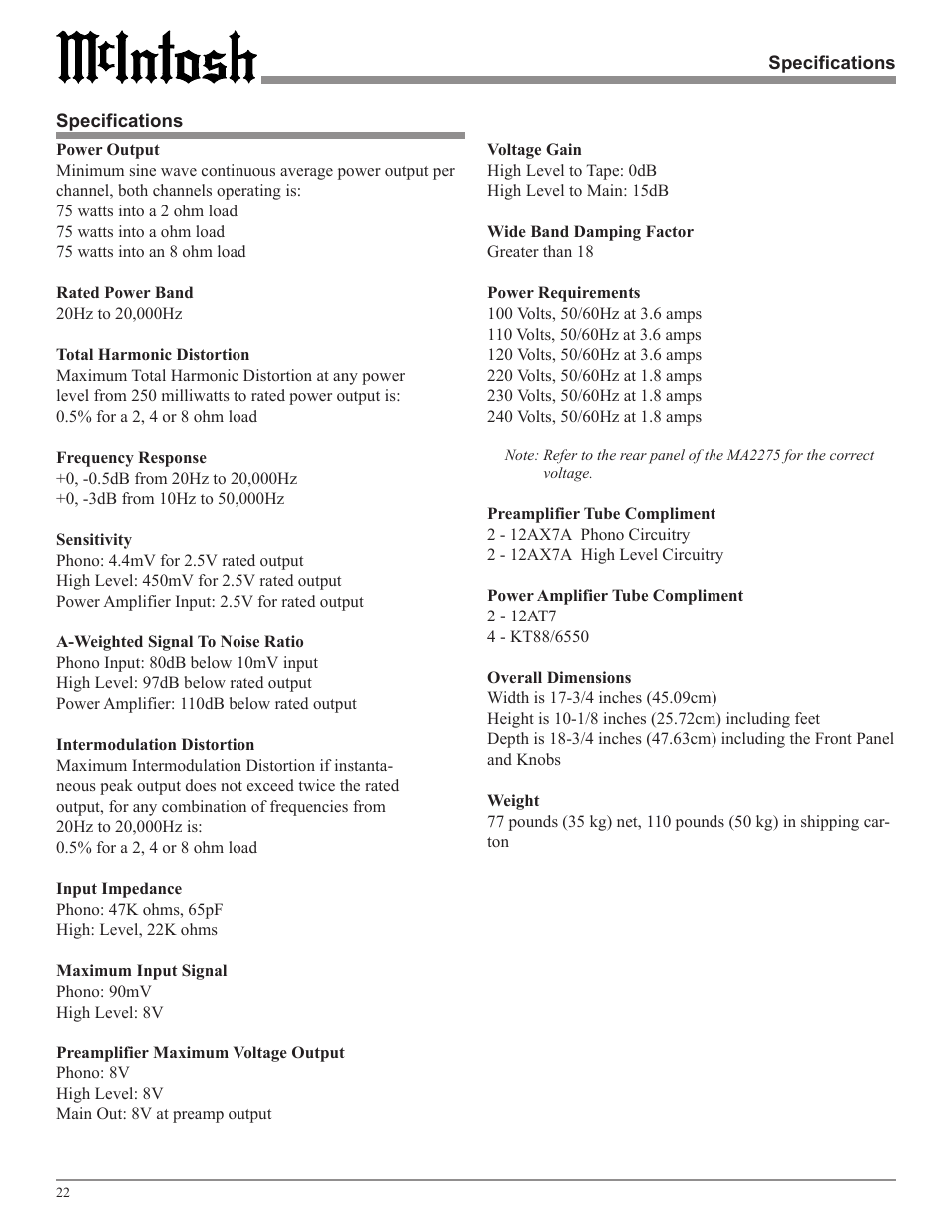McIntosh MA2275 User Manual | Page 22 / 24