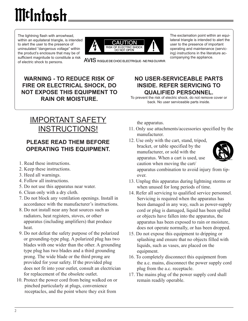 Important safety instructions | McIntosh MA6900 User Manual | Page 2 / 24