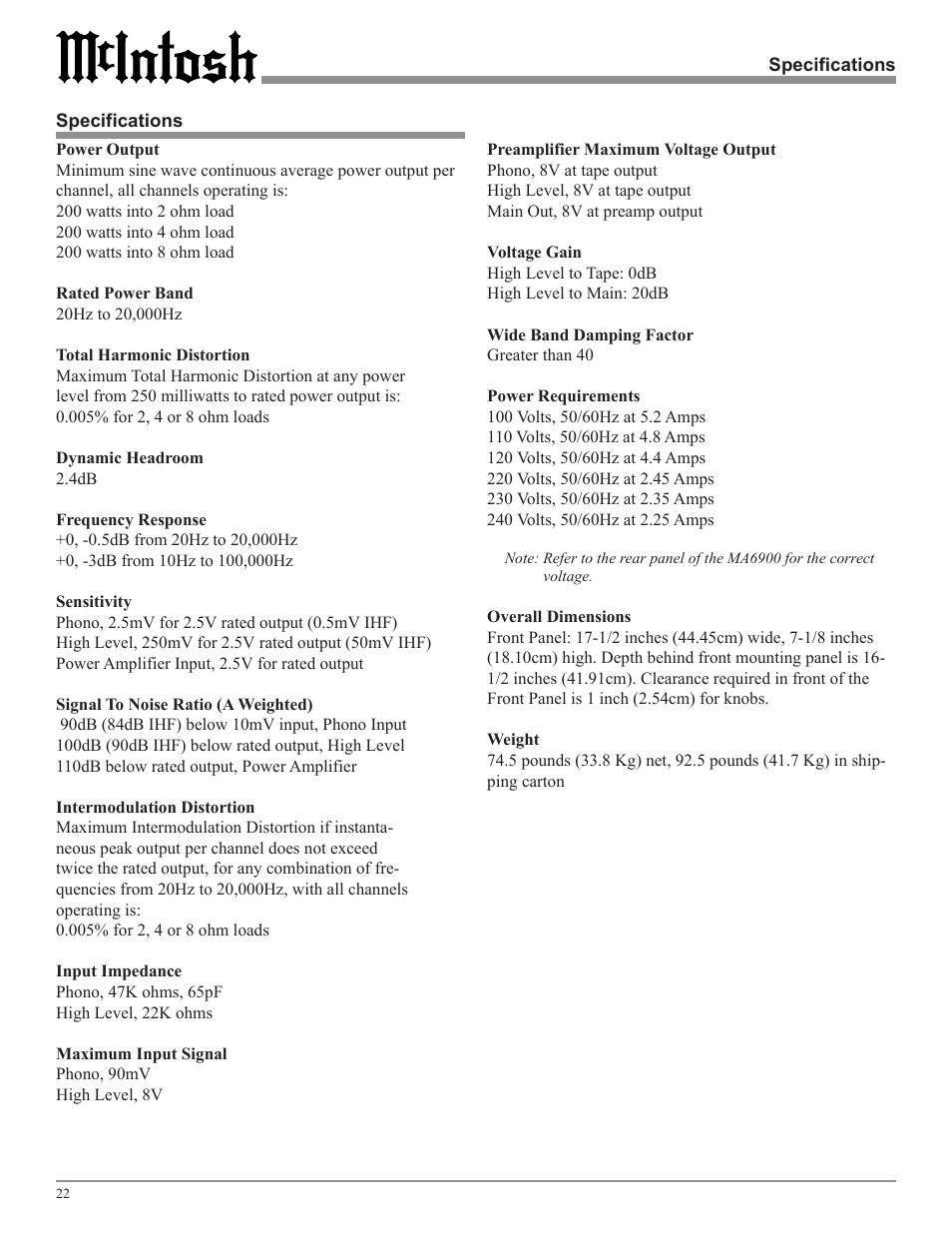 McIntosh MA6900 User Manual | Page 22 / 24