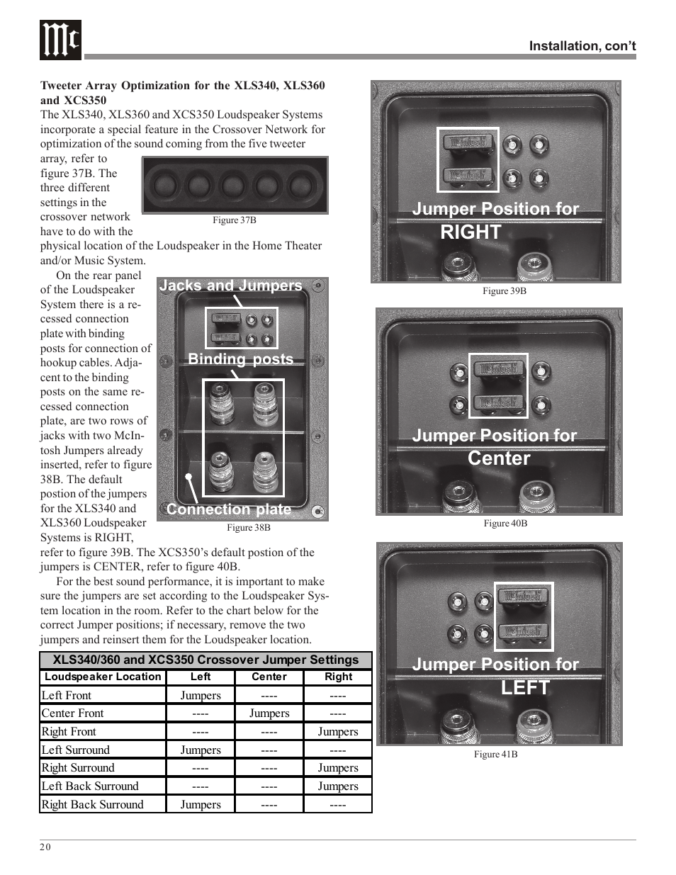 Left, Center, Right | Jumper position for | McIntosh XLS360 User Manual | Page 20 / 28