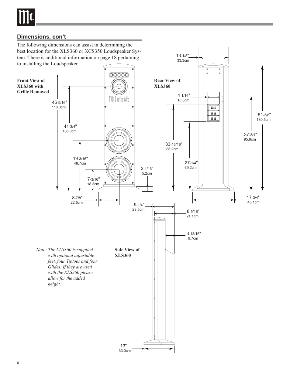 Dimensions, con’t | McIntosh XLS360 User Manual | Page 8 / 28