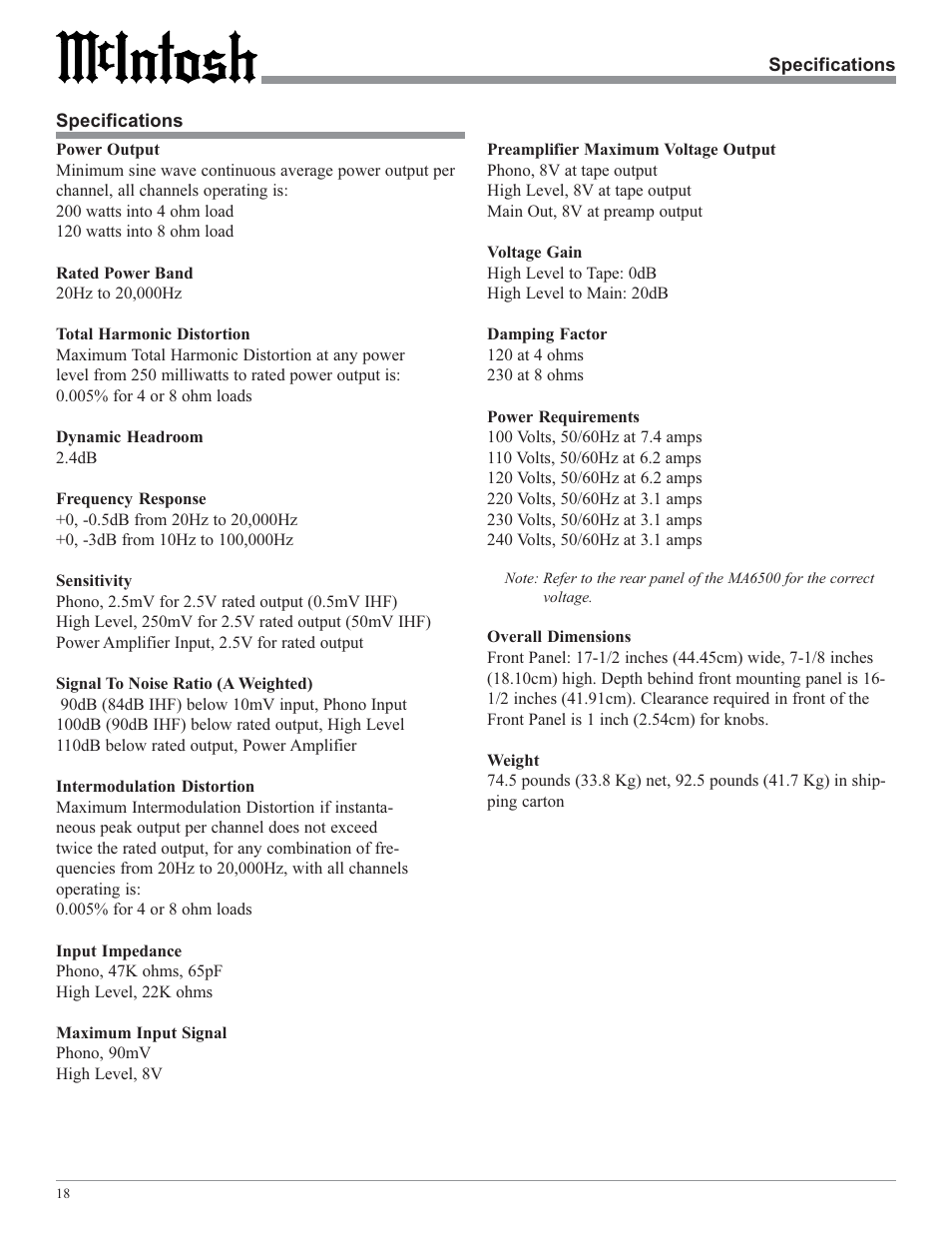 McIntosh MA6500 User Manual | Page 18 / 20