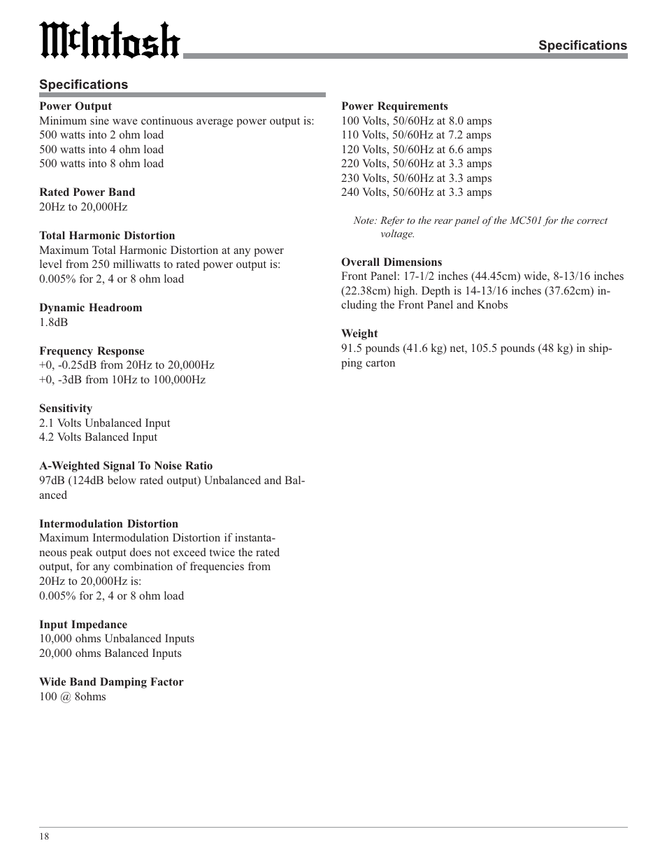 McIntosh MC501 User Manual | Page 18 / 20