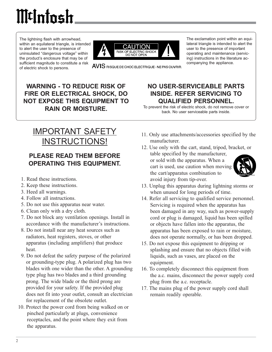 Important safety instructions | McIntosh MC501 User Manual | Page 2 / 20