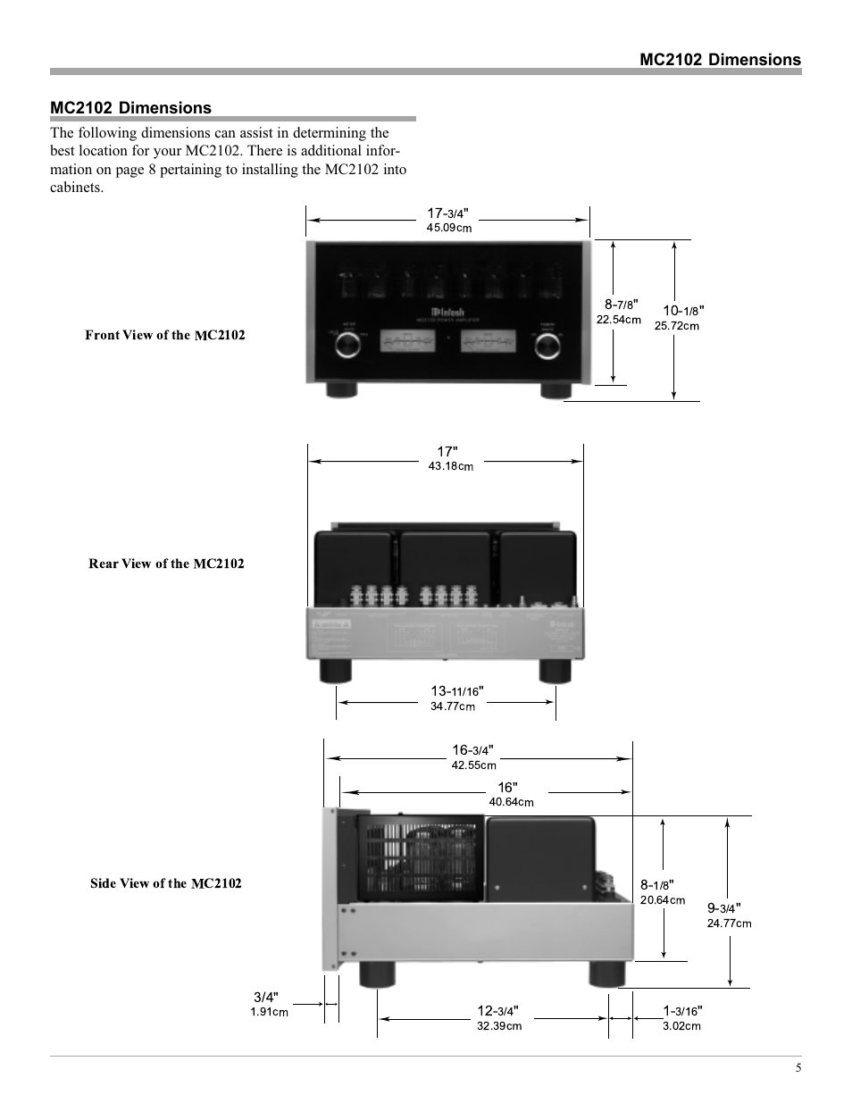 Mc2102 dimensions | McIntosh MC2102 User Manual | Page 5 / 20