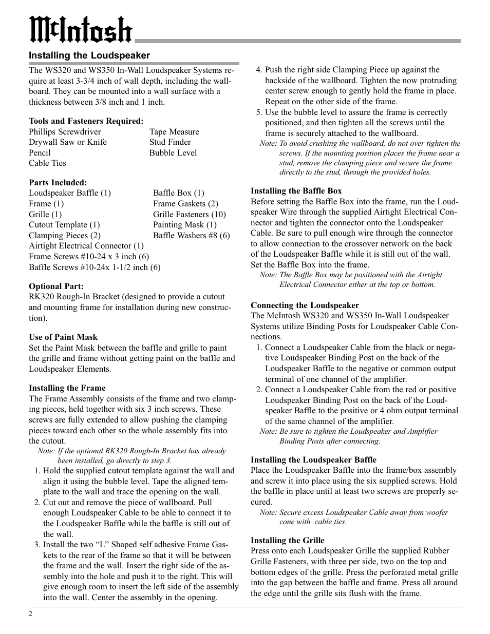 McIntosh INSTALLATION GUIDE WS320 User Manual | Page 2 / 4